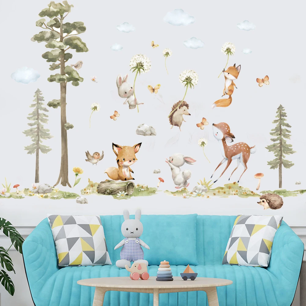 Cute Cartoon Animal, Deer, Squirrel Forest Wall Stickers for Kids Bedroom Baby Room Decoration Wall Decals Room