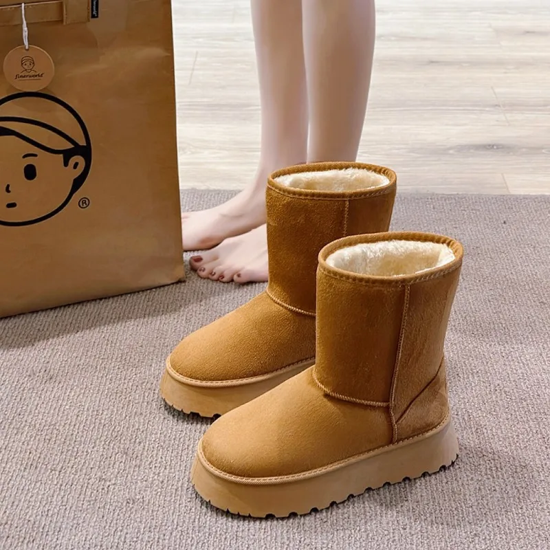 2024 winter new thick-soled and fleece snow boots round head fashion set feet in mid-barrel cotton shoes