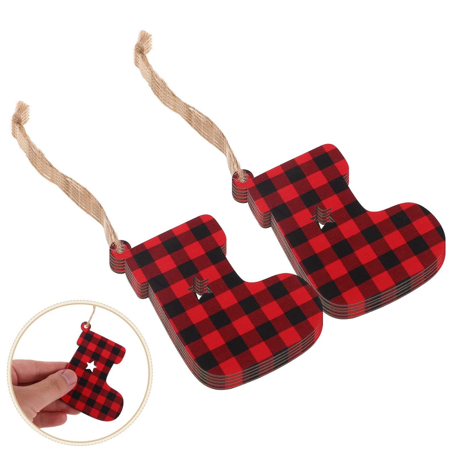 

20Pcs Christmas Wooden Stocking Cutouts Buffalo Plaid Ornaments Xmas Tree Pendants Winter Party Fireplace Mantle Decorations