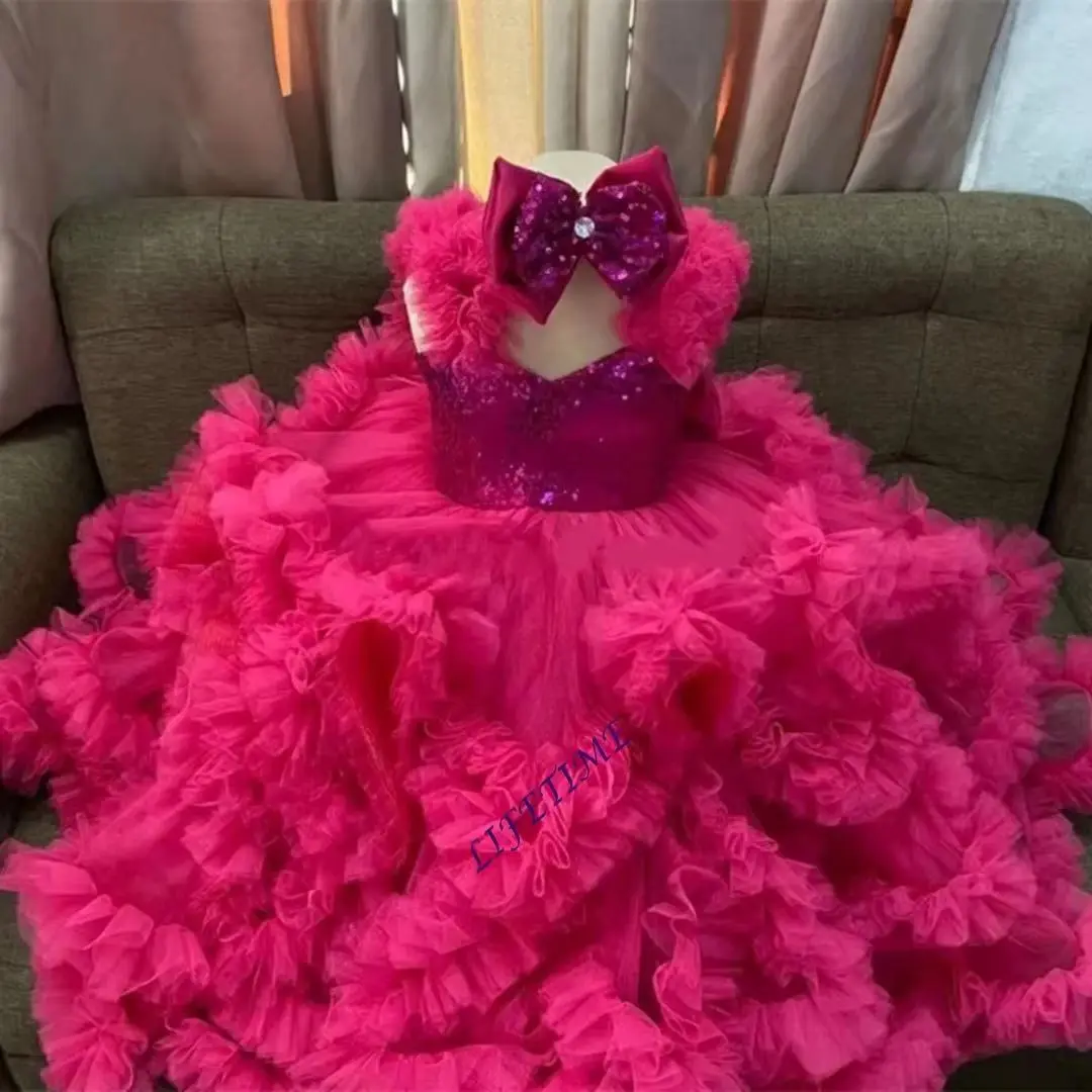 Customized Pink/Red Flower Girl Dress Glitter Bow Sleeveless Tiered Tulle Elegant Kids Birthday First Communion Dress