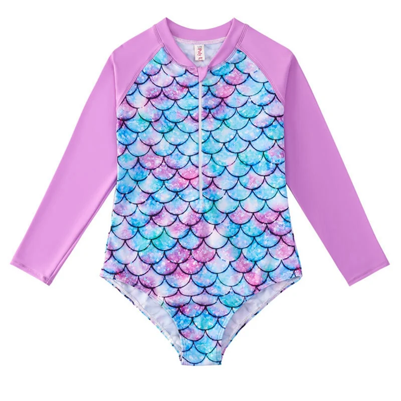 New Girl’s One Piece Swimsuit Long Sleeved Triangular Swimsuit Fashion Print Ruffles Suspender Swimsuits Girls Summer Beachwear