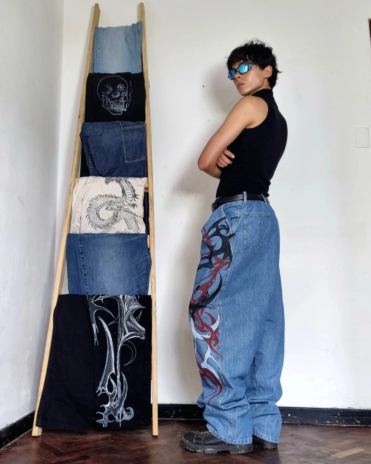 Jean à jambes larges pour femmes, Vintage, délavé, imprimé Floral, taille haute, Baggy, style Boho, confortable, coupe ample, TikTok Viral, été Y2K