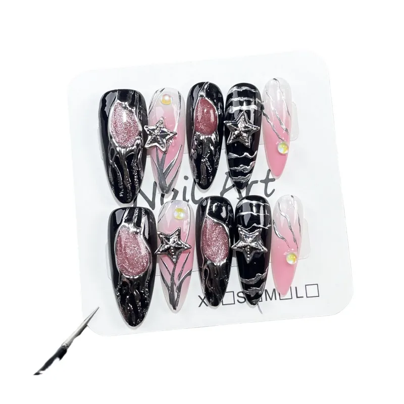 10pcs Handmade Blush Medium Long Black Silver Pink Stars False Nails Set High Quality Almond Artificial Press on Nails with Glue