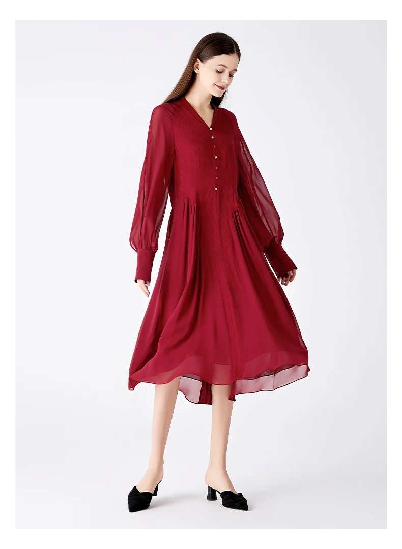 

100% Mulberry Silk Jacquard Wine Red V-neck Shirt Long Sleeve Pearl Decoration Contrast Elegant Georgette Silk Dress AE1972