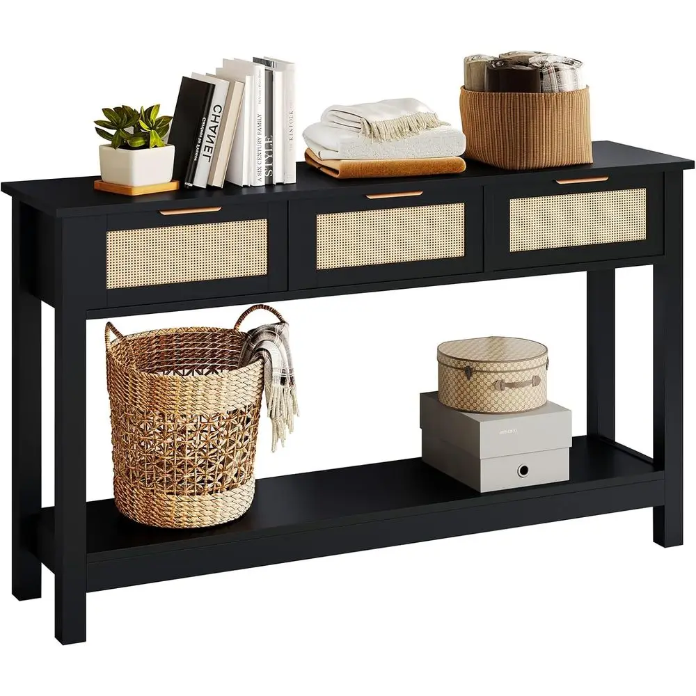 

Тумба для прихожей с 3 ротанговыми ящиками - Длинный приставной столик за диваном, Удлиненный шкаф для хранения в гостиной/коридоре, Приставной столик O