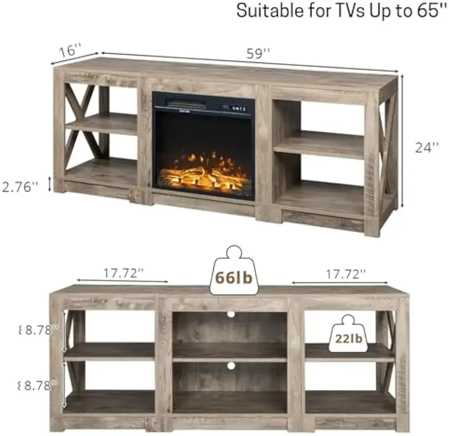 Fireplace TV Stand with LED Lights for TVs Up to 65 Inch, Farmhouse Modern Entertainment Center, Gray Oak, 59'' x 16'' x 24''