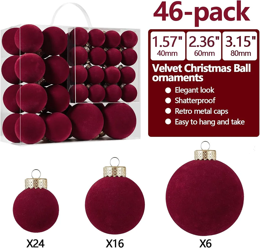 46 Pcs Velvet Christmas Ball Ornaments 3 Sizes Shatterproof Christmas Balls for Xmas Tree Hanging Decorations Holiday Home Decor