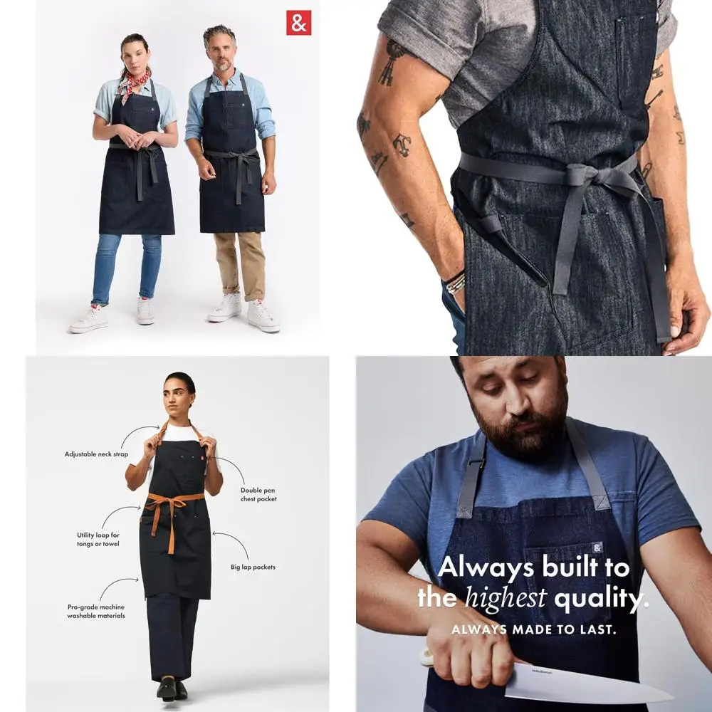 

Прочный джинсовый фартук профессионального шеф-повара с карманами и петлей для полотенец — идеально подходит для приготовления пищи и гриля темно-синего цвета Джека