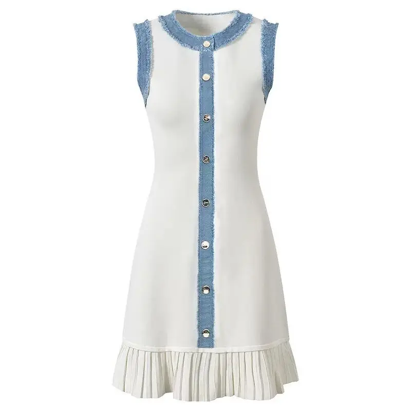 

Elegant Short Knitted Denim Dress Sleeveless round Neck Slimming Bodycon Summer 2025 Fashion Trend Casual Versatile Women's D...