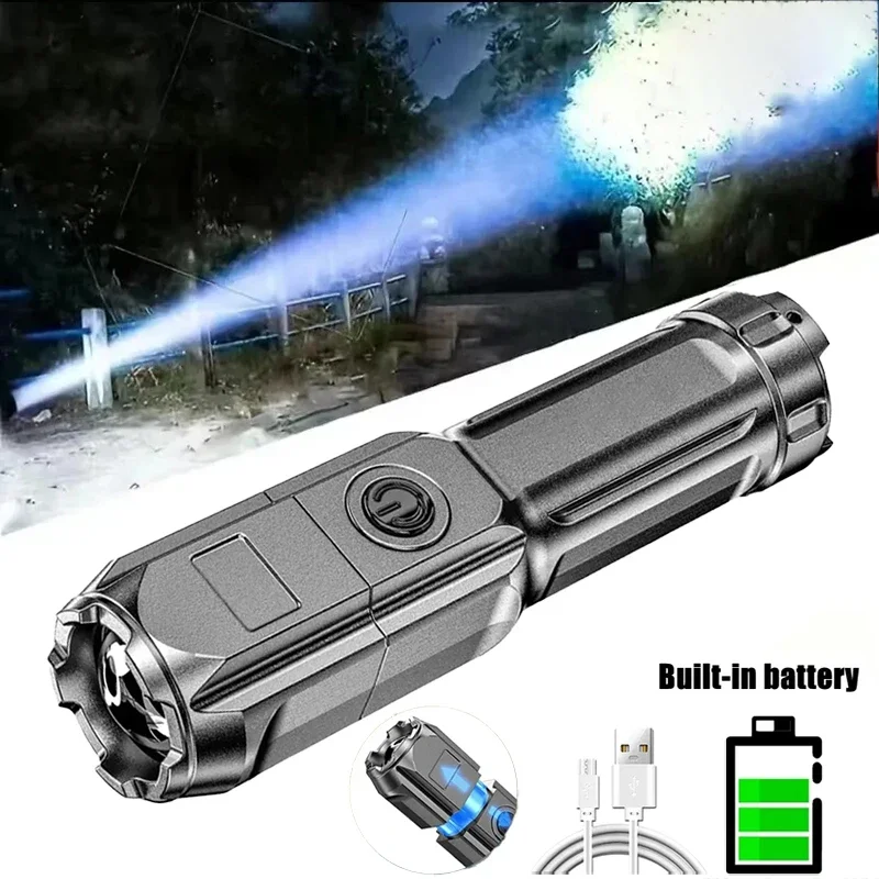 High Strong Power Led Flashlights USB Rechargeable Tactical Zoom Torch With Built-in Battery Camping Emergency Spotlights Lamp