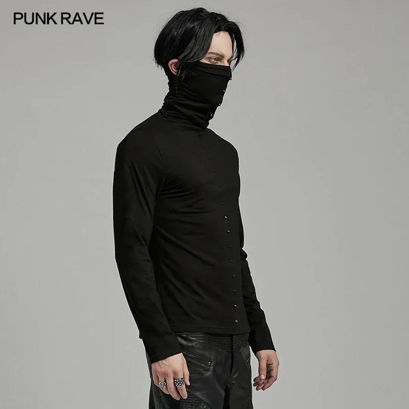 PUNK RAVE Men's Punk High Collar Ear Holes Design Long Sleeved T-shirt Handsome Cool Black Tees Tops Streetwear Men Clothing