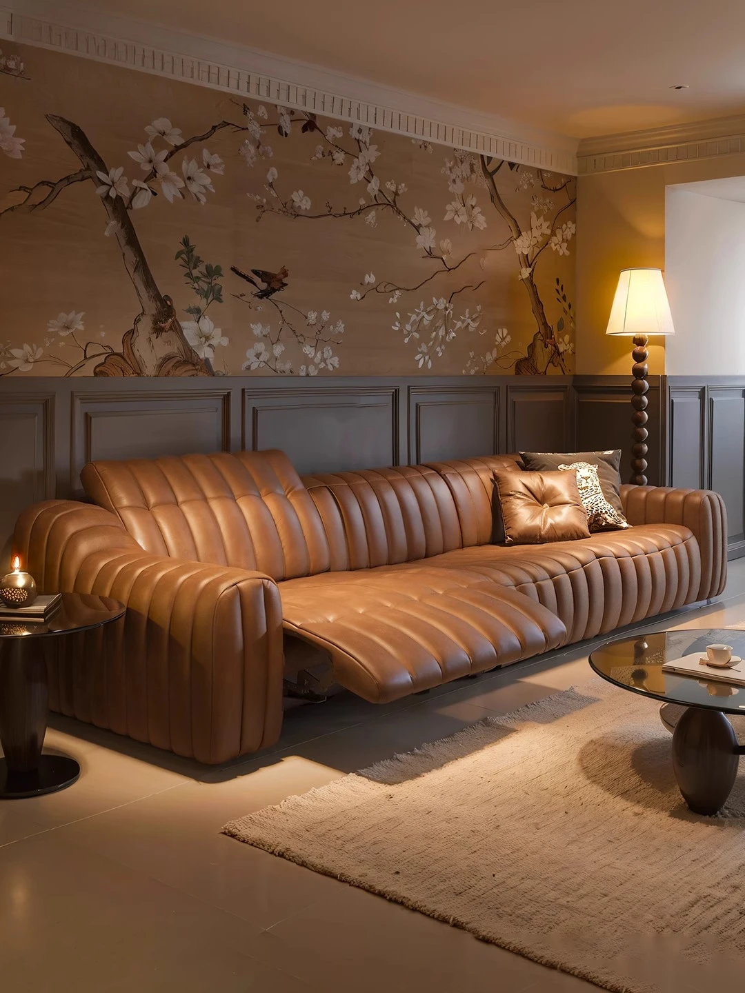 

High-end brown cowhide electric sofa light luxury living room home multi-functional adjustable retractable leather sofa 2025