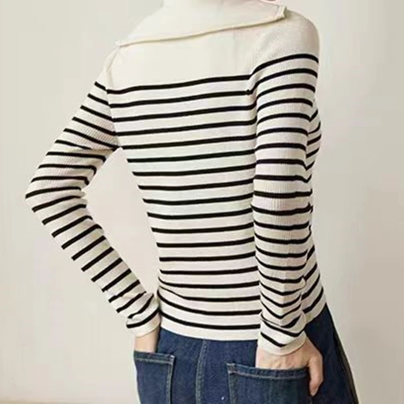 Wool Knitted Cardigan Women Long Sleeve Striped Elastic Zipper Lapel Top