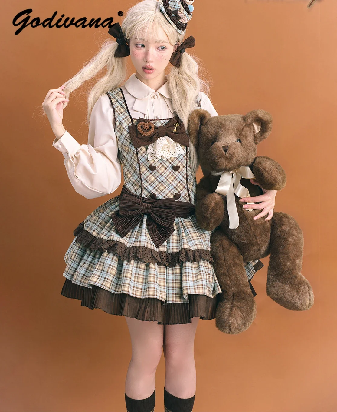 

Mint Chocolate Plaid Bow Cotton Lace Bow JSK Dress Lolita Knitted Cape Sweater Set Cute Girl Women's Autumn Winter Dress Set