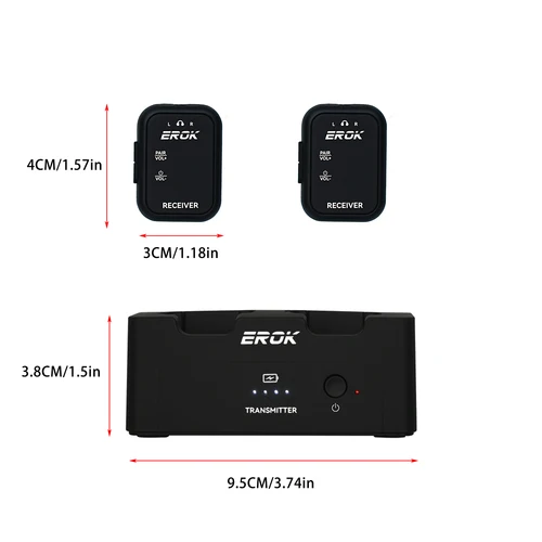 Imagen 2 del producto EROK WP-12 2,4G sistema de Monitor de auriculares inalámbricos, transmisor recargable 2 receptores con botón de volumen, función de silencio