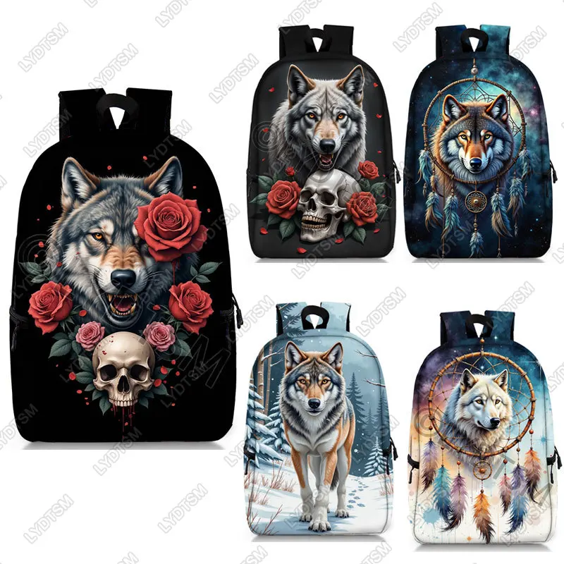 Cool Skull Wolf Rose Backpack Dreamcatcher Moon Rucksack Women Men Shoulder Bags School Bags for Teenager Streetwear Daypack