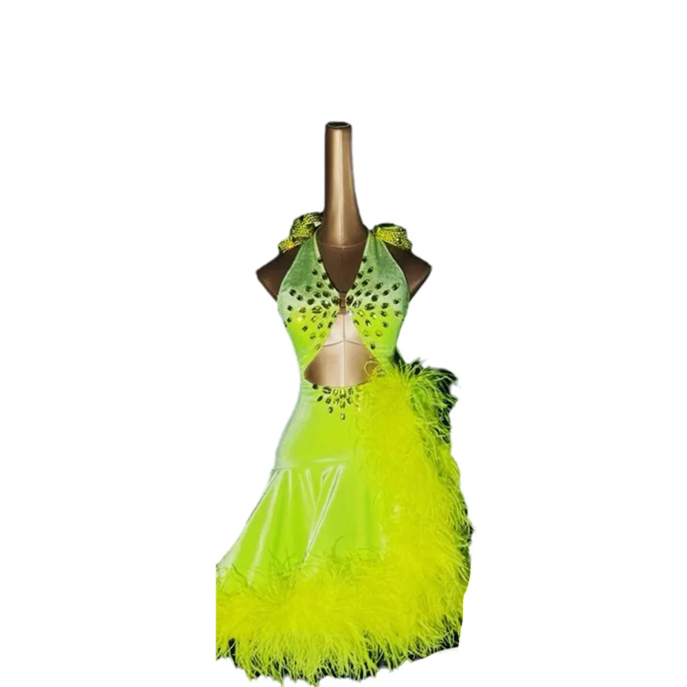 

Latin Dance Adult Children'S Dress AB Stone High-End Custom Ostrich Hair Big Swing Skirt Cha Cha Tango Women'S Clothing