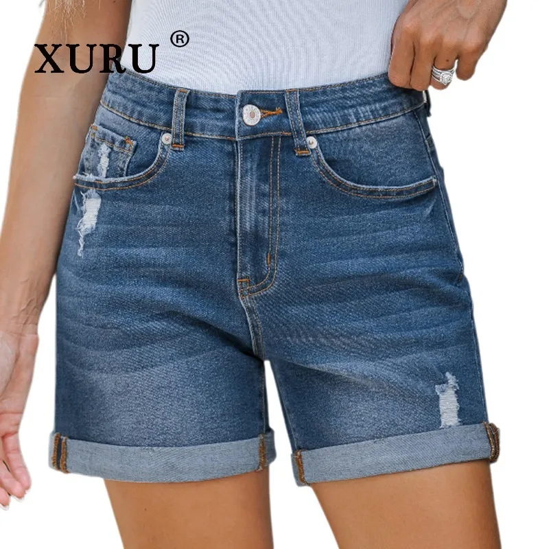 XURU - New Women's Straight Tube Slim Fit Worn Rolled Edge Denim Shorts for Women, Hot Pants Blue Summer Short Jeans