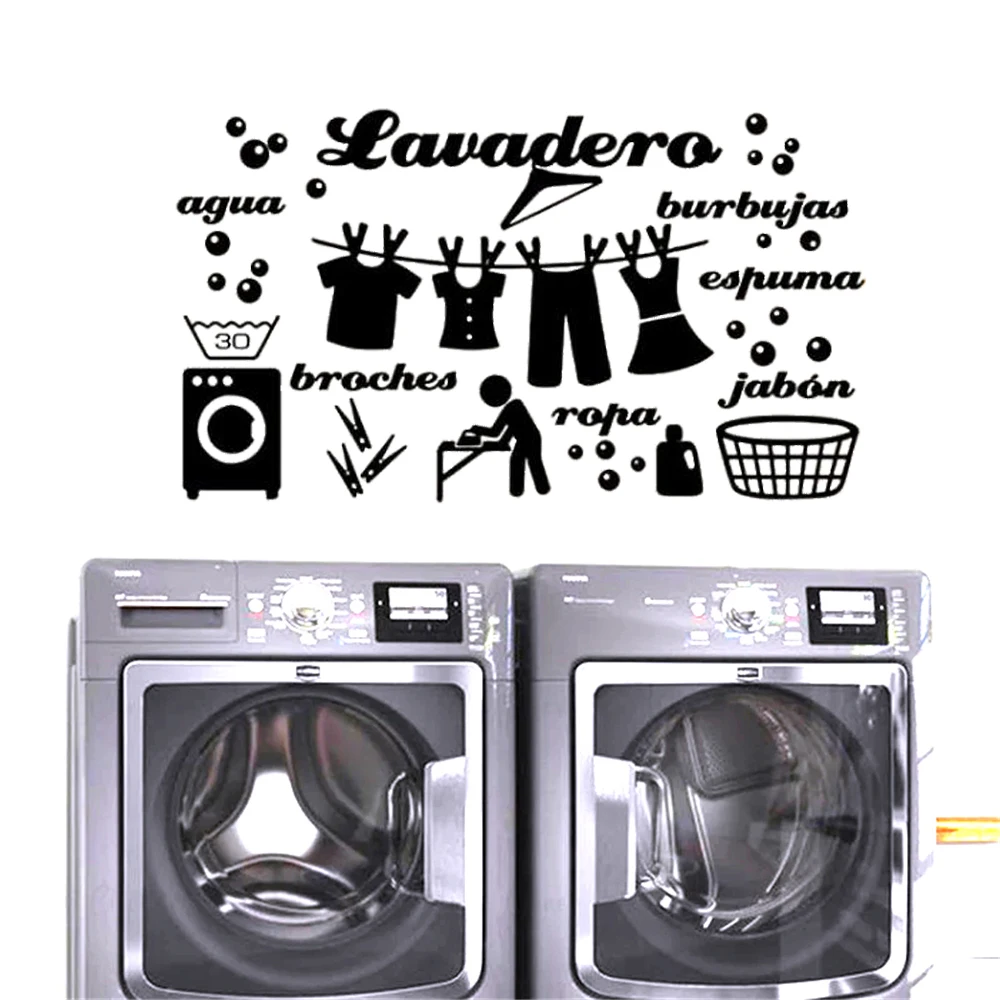 Laundry Room Spanish Words Wall Stickers Vinyl Decals Washhouse Wash Dry Lavadero Water Cloth Bubble Home Decor Murals DW14488