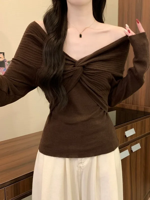 

Карамельный вязаный топ с длинным рукавом для женщин: уникальный, красивый, в стиле русалки, из тонкой шерсти, потрясающий, на одно плечо