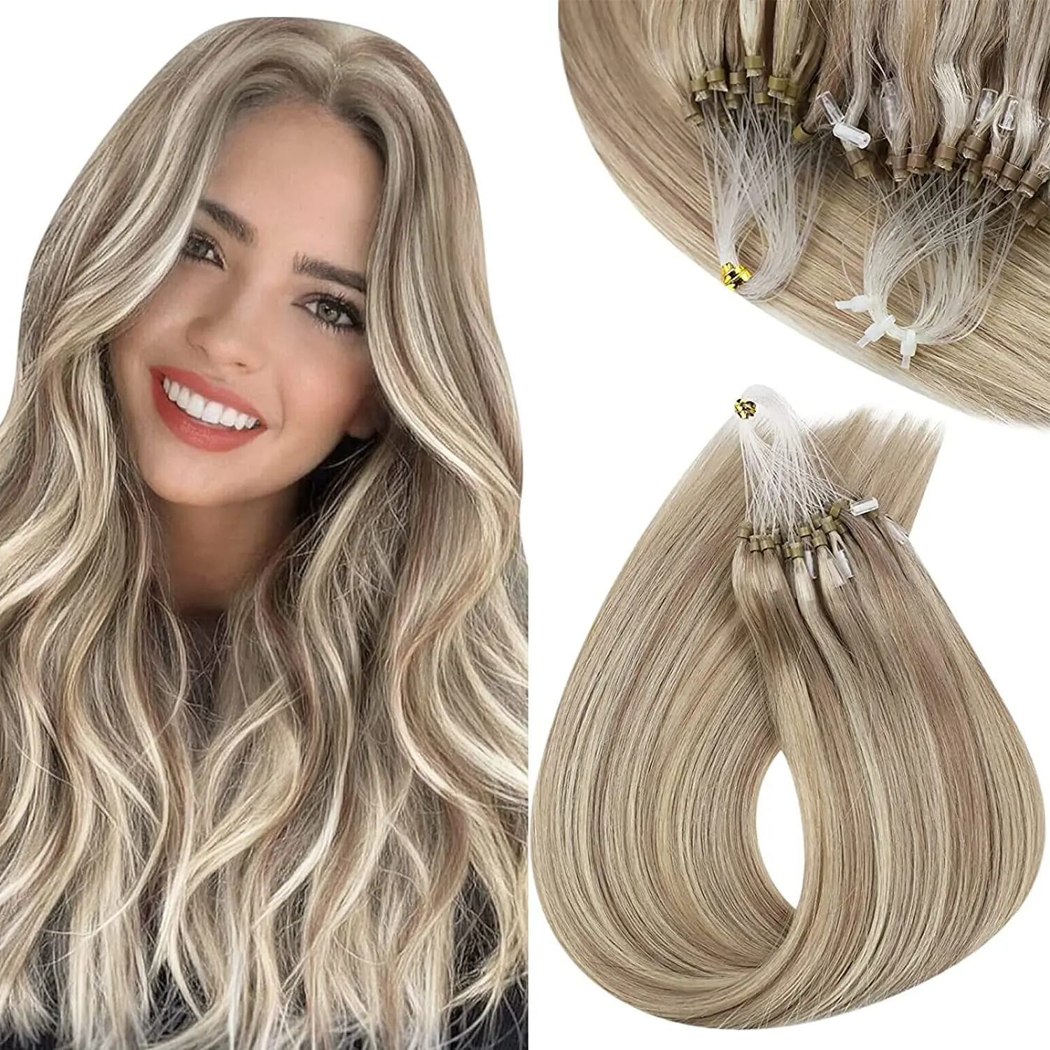 VeSunny Blonde Micro Ring Hair Extensions Real Human Hair Cold Fusion Micro Beads Hair Extensions Silky Straight 50g/50s