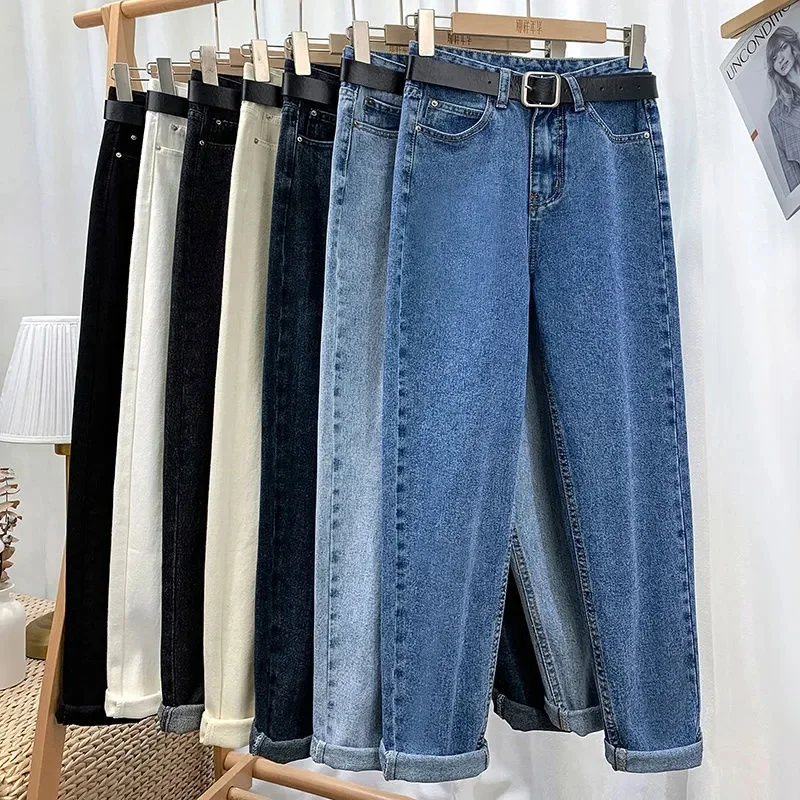 

Jeans Women Spring Autumn 2024 New Loose Slim Straight Cowboy Trousers With Wide Legs High Waist Add Velvet Denim Pants Female