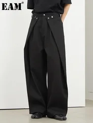 [EAM] High Waist Black Pleated Button Long Wide Leg Pants New Loose Fit Trousers Women Fashion Tide Spring Autumn 2024 1DF8330