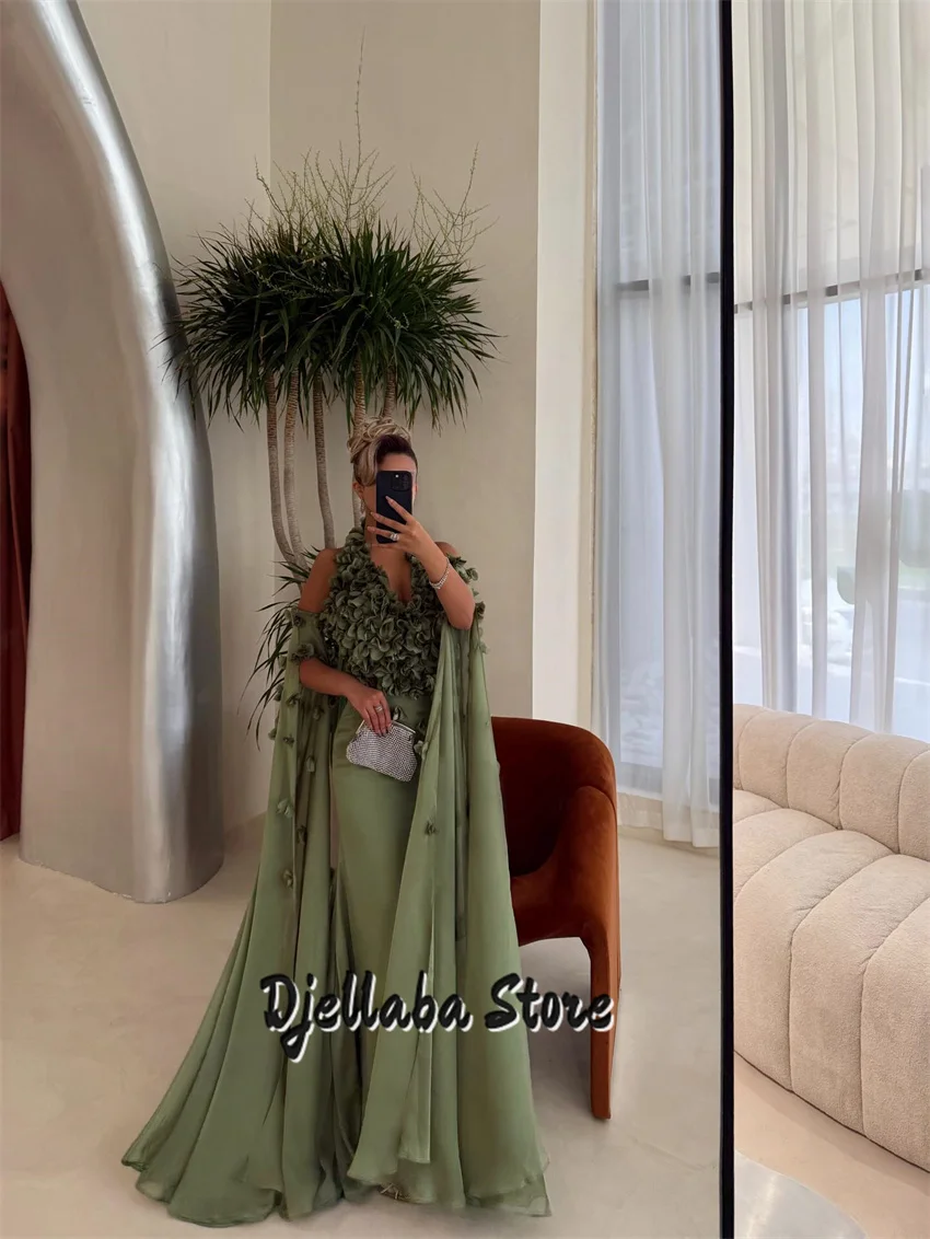 

New 2026 Green Evening Dress Floor Length Appliques Sleeves Customized Prom Party Women فساتين حفلة موسيقية