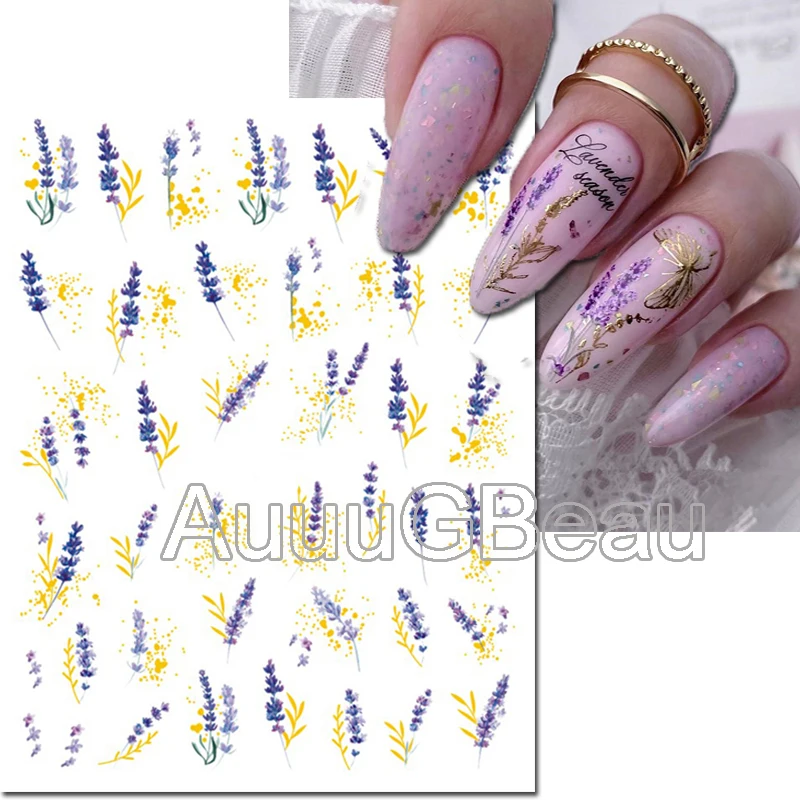 3D Nail Art Aufkleber golden lila Lavendel Blumen Herz Bowknot Buchstaben selbst klebende Schieber Aufkleber für Nagel dekorationen Maniküre