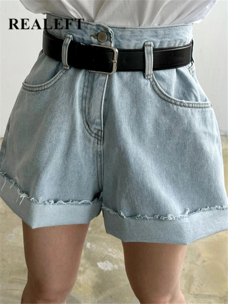 

REALEFT High Waist Women's Denim Shorts with Belted 2023 New Spring Summer Casual Jeans Chic Straight Wide Leg Pants Female