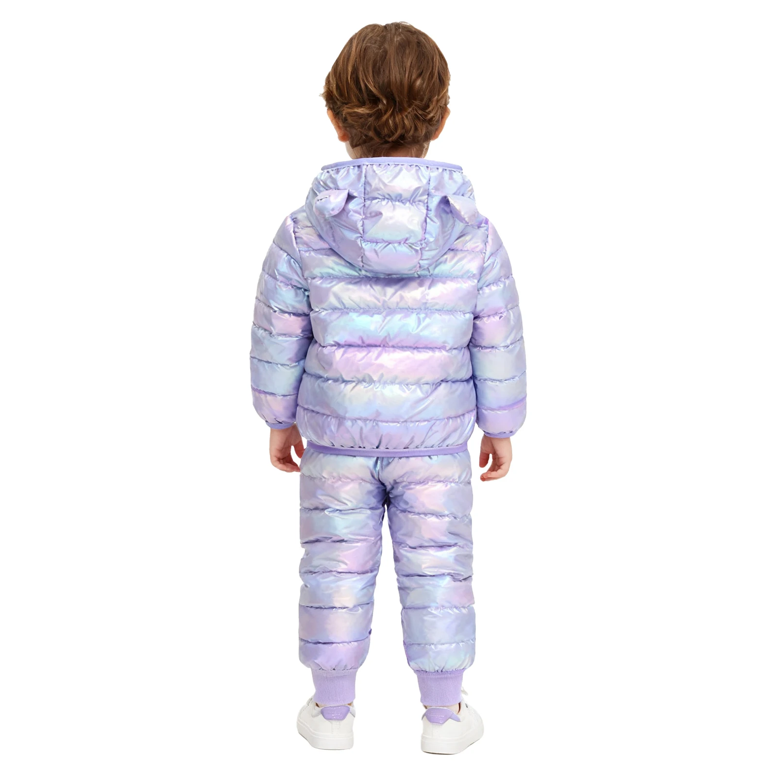 Traje de nieve metálico de calentamiento para niños y niñas, traje de esquí acolchado, traje deportivo de moda, chaqueta con capucha y pantalones con orejas de oso y cremallera de manga larga