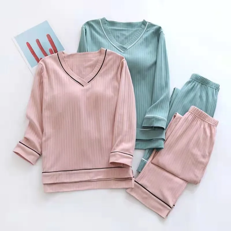 New Spring and Autumn Women\'s Pajamas Set V-Neck Cotton Thread Knitted Long Sleeve Pants Solid casual two-piece home clothes