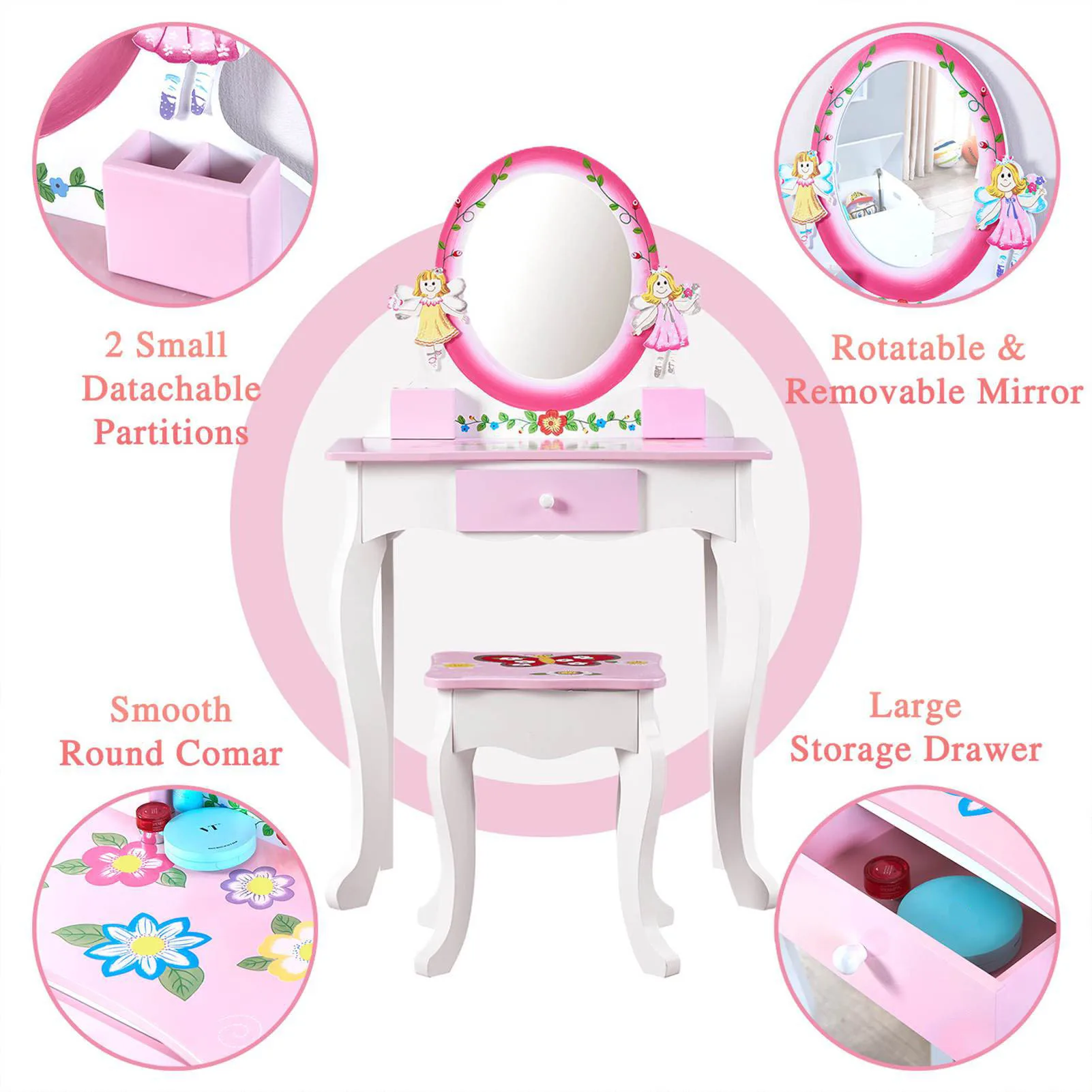 Kids Vanity Set Floral Printed Wooden Makeup Dressing Princess Table with Mirror and Stool for Role Playing Pink Kids Vanity image 3
