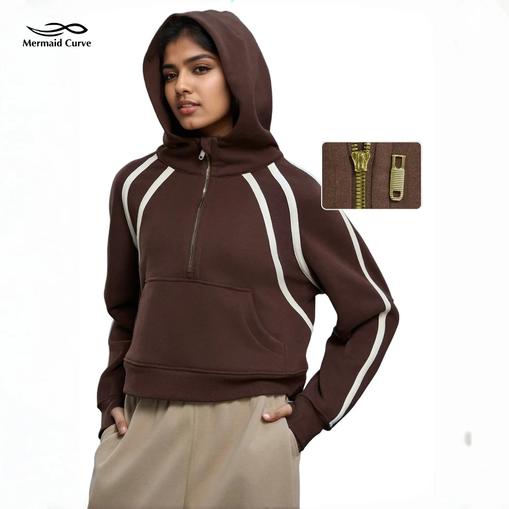 

Mermaid Curve Hoodie with Stripes Casual Streetwear Pullover for Women High Neck Half Zip Sweatshirt Winter Yoga Clothing