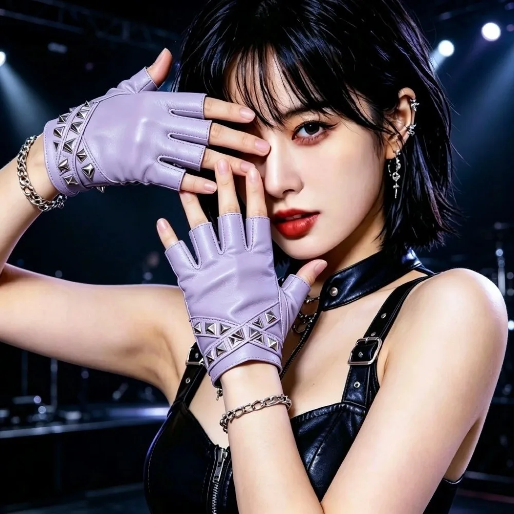 Punk Style Half Finger Gloves Rivet Detail Half Finger Design Faux Leather Gloves Faux Leather Material Fingerless Gloves