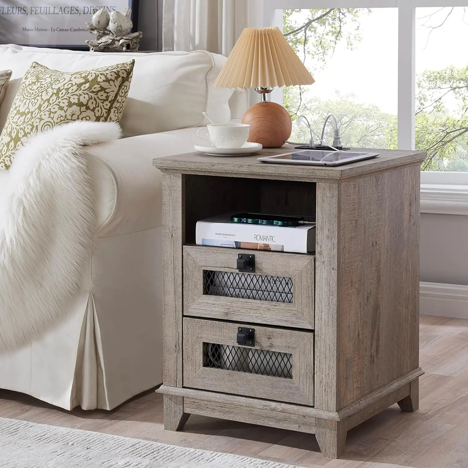 

Nightstand with Charging Station,OKD 18'' Industrial & Farmhouse End Table with 2 Drawers & Open Cubby, Rustic Mesh Drawer Sofa