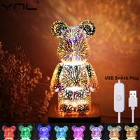 3D Fireworks Bear LED Night Light USB Dimmable Glass Projector Colorful Atmosphere Desk Room Bedroom Table Decor Lighting Gift