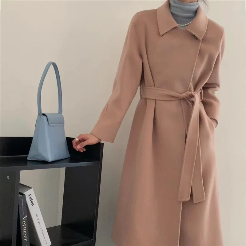 Double-sided cashmere coat, women's extended style, high-end 10% cashmere lace up, simple and versatile