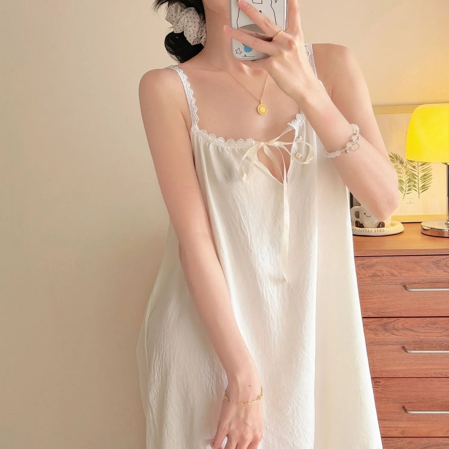 Sweet Style Lace Trim Nightgown Women Summer Thin Casual Loose Home Dress V-Neck Sleeveless Short Pants Home Comfortable Slee...
