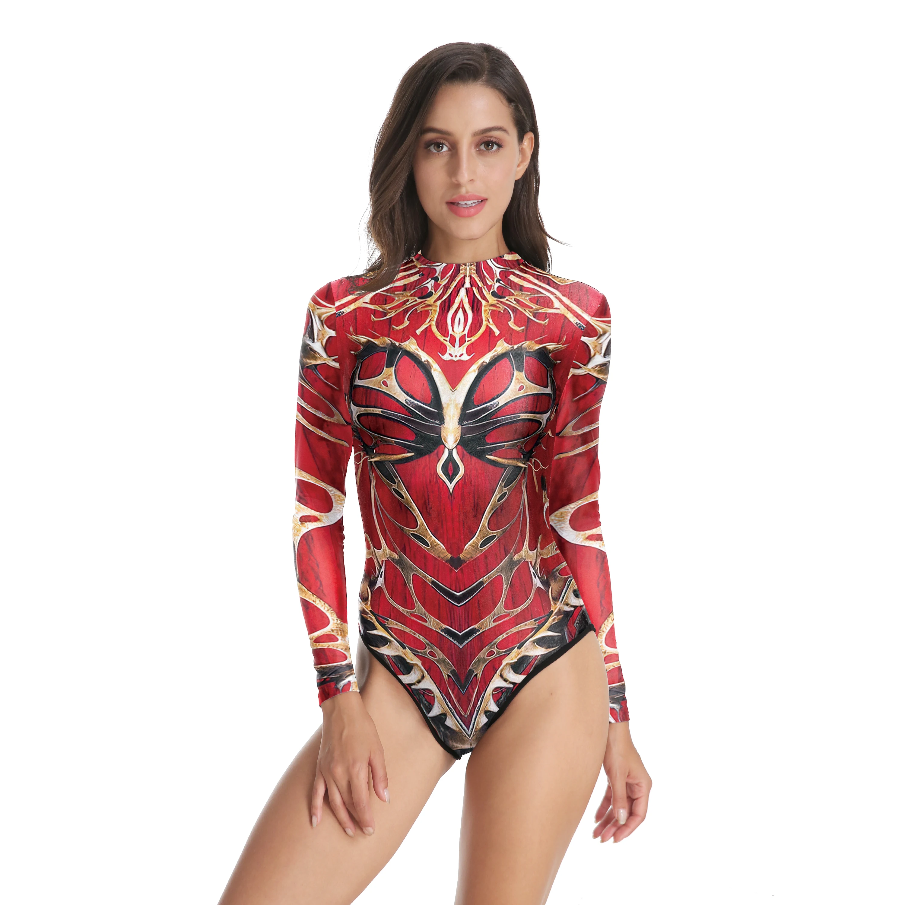 

Nadanbao Halloween Swimwear Women One Piece Swimsuit Skeleton Printing Funny Swimming Long Sleeve Holiday Party Bathing Suit