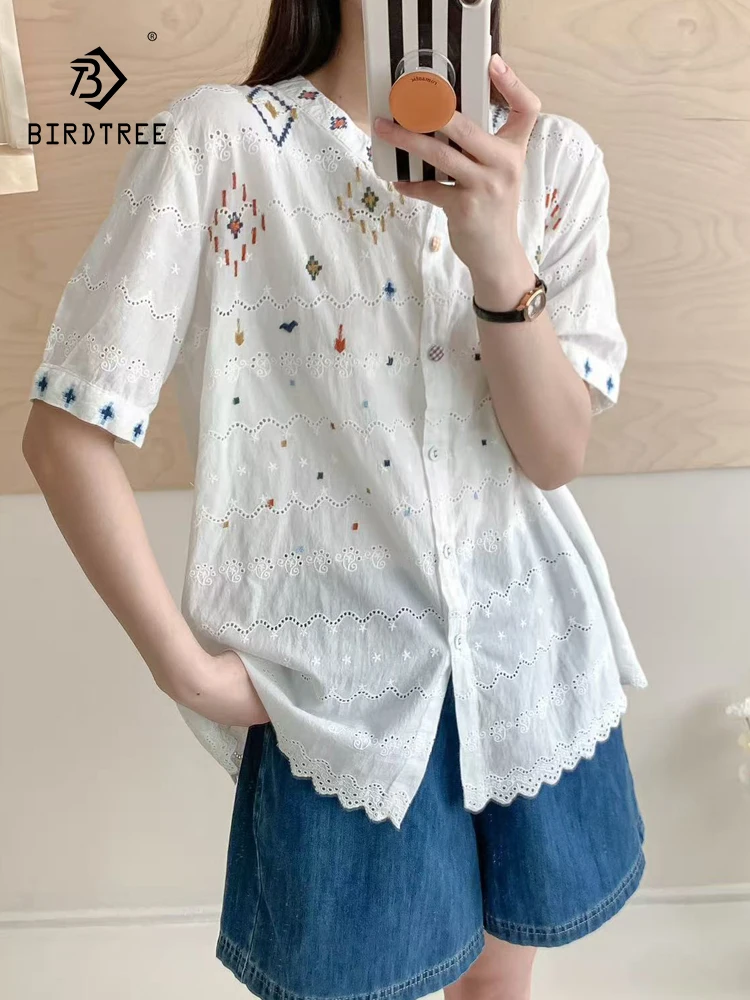 

New 2025 Summer Cotton Short Sleeve Shirt, Women Stand Embroidery, Mori Girl Retro Chinese Style Commute Loose Blouse T56051CC