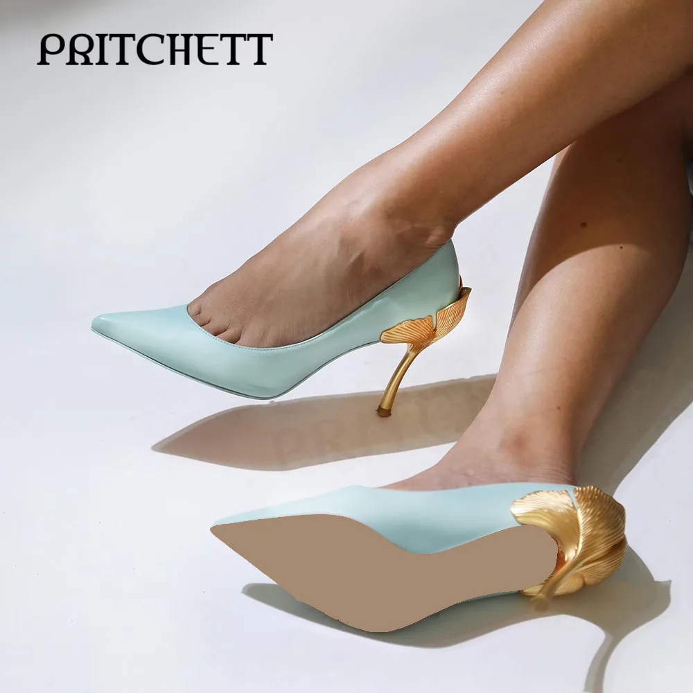 

Elegant Petal Heels Pointed Toe Stiletto Heels Blue Simple Shoes Fashionable Design Gold Shaped Heels Large Size Women's Shoes