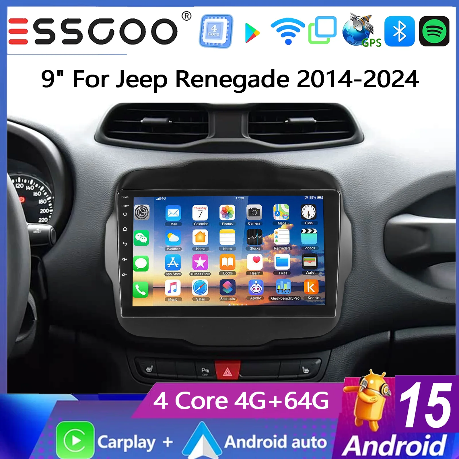 ESSGOO 9-Zoll Android 15 Wireless Carplay Android Auto für Jeep Renegade 2014-2024 Autoradio GPS-Navigation 4+64G FM Bluetooth RDS SWC Wifi ASP Mirror Link IPS Touchscreen Multimedia-Videoplayer Head