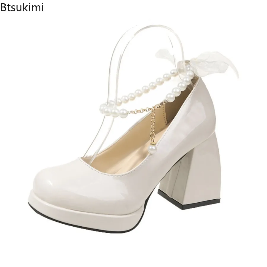 

Новые женские туфли-мэри-джейн 2026 года с жемчужным дизайном, на платформе, с бантом, водонепроницаемые, на высоком каблуке, массивные, для подружек невесты, женские туфли-лодочки