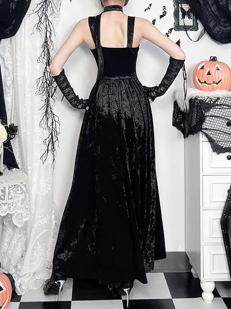 RORORIRI Sheer Cross Lace Splice Samt Tank Kleid Frauen Schal Neck Backless Sexy Plissee Drapierte Lange Kleid Dark Vintage Kleidung