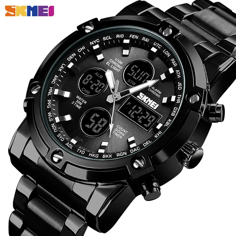 

SKMEI Quartz Digital Watch Men Countdown Steel Strap Wristwatch Clock Three Times Waterproof Mens Watch 1389 Relogio Masculino