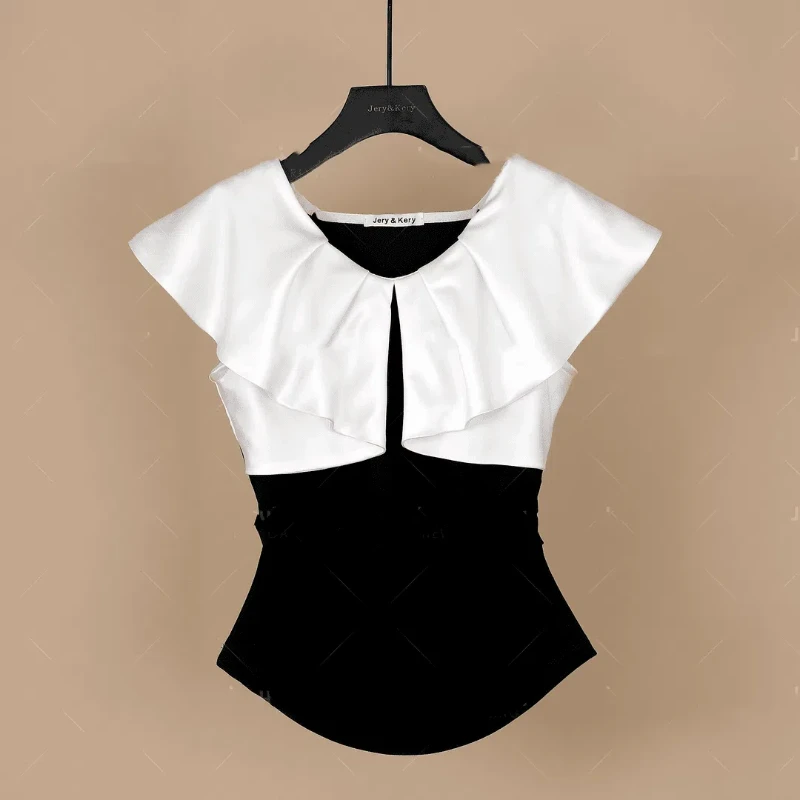 

2024 New Summer Streetwear Fashion Slim Fit Fake Two-piece Butterfly Sleep Round Neck Patchwork Pleated Women's T-shirt Top