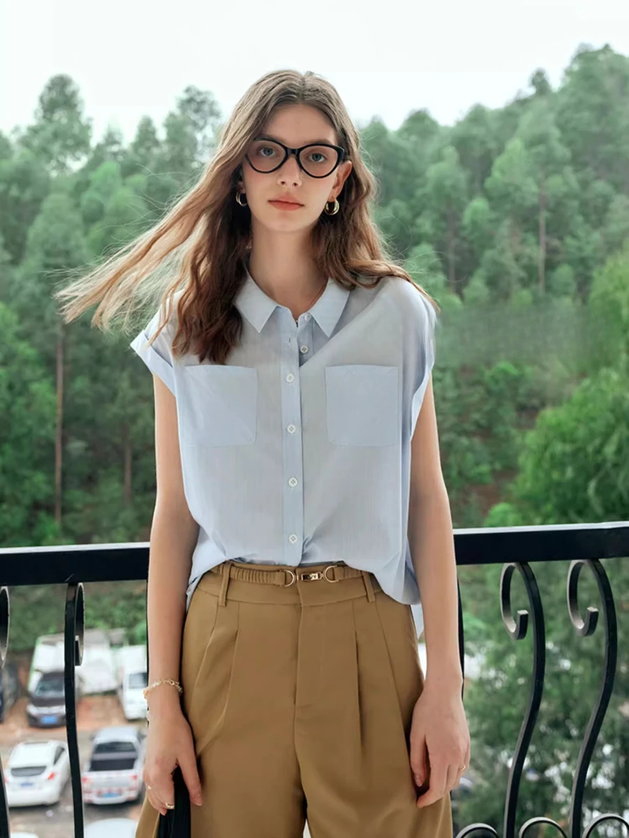 

OLrain Women Shirt Summer 2025 Fashion Square Neck Design Blouses LOOSE FIT Short Sleeve Top Blue Striped Casual Wear O57XC91365