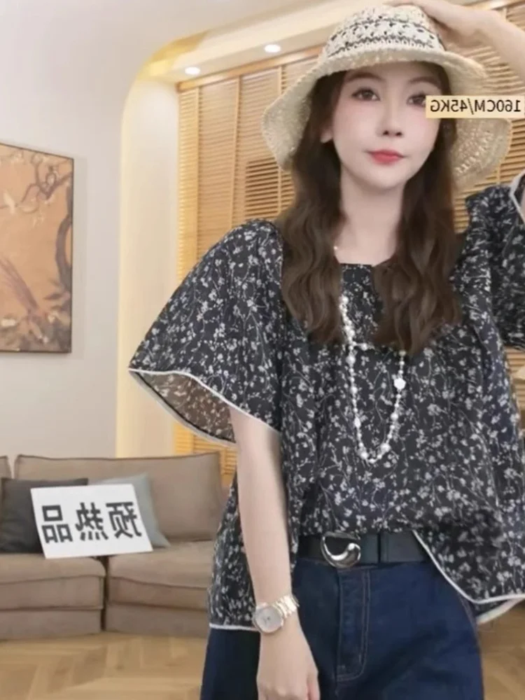 

Свободная летняя шифоновая футболка с цветочным принтом для похудения, тонкая винтажная футболка из Гонконга Sle Personali, корейская версия S...