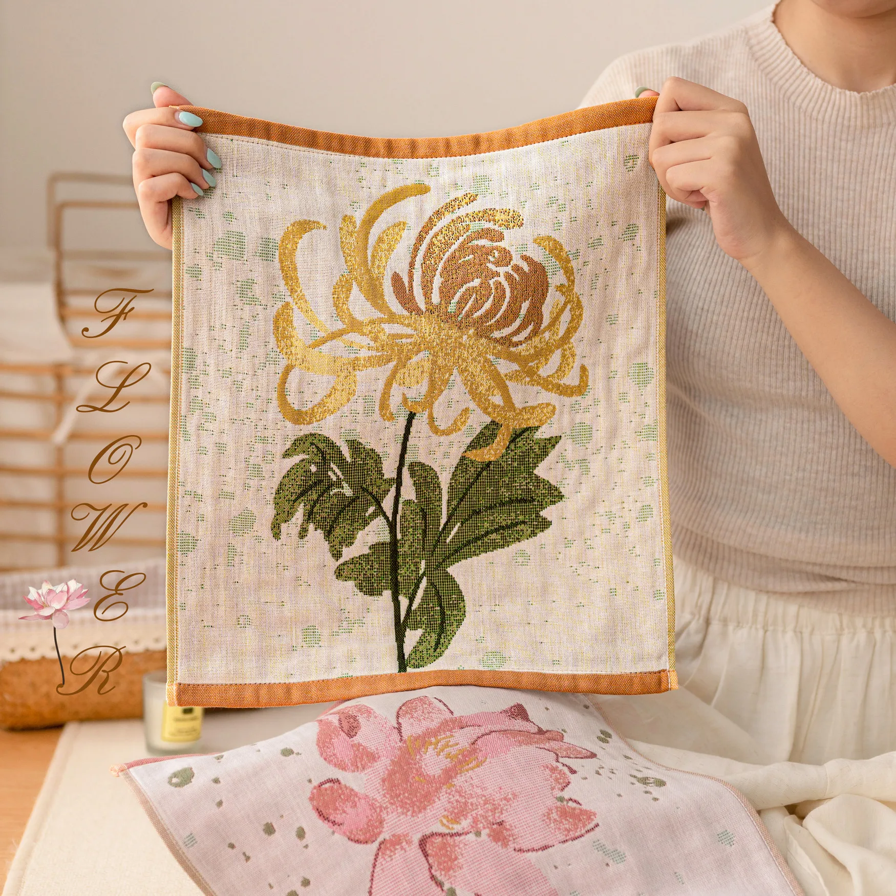 Chinese Style Ink Wash Printed Cotton Square Towel 35x40cm Absorbent Soft Hanging Towel Lotus Chrysanthemum Bamboo Patterns For